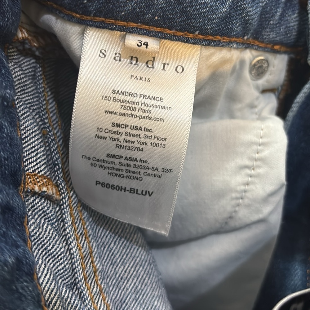 Sandro Paris Vicky Medium Wash Split Distressed Hem Straight Jeans Size 34 - Picture 4 of 7